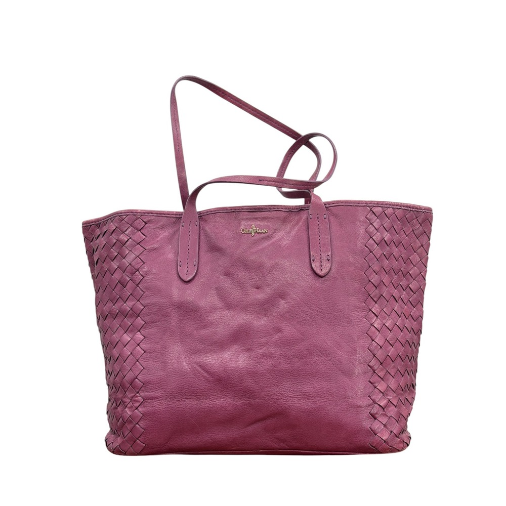 Cole Haan Victoria Tote Bag Womens Purple Leather Woven Panels Handbag Large